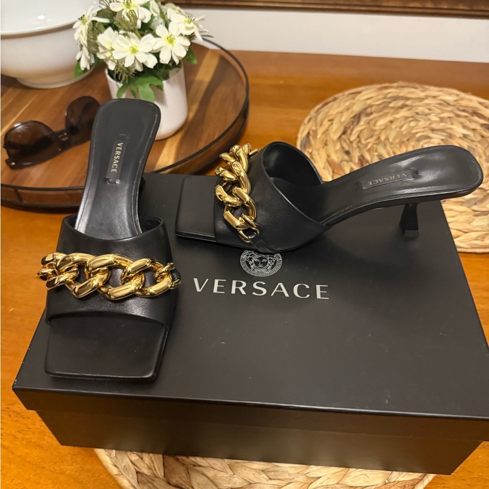 Versace Black Mules with Gold Chain Accent - Picture 2 of 5